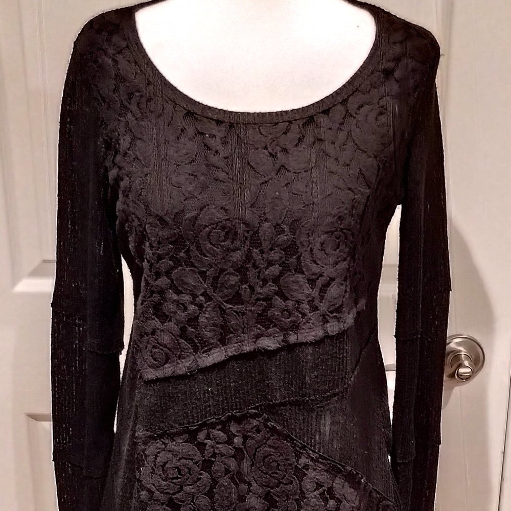 SMALL Black Pullover Sweater with Scoop Neck and Lacy Front